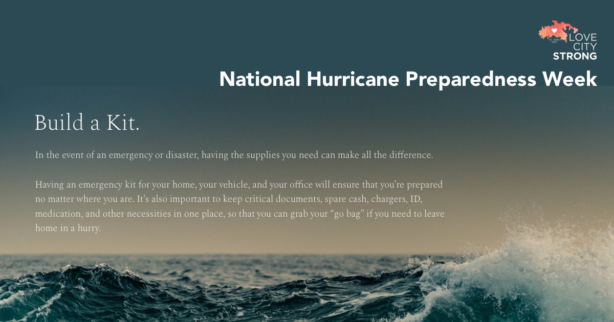 LoveCityStrong's tweet photo. Being prepared means building a kit. An emergency kit is a collection of basic items your household may need in the event of a disaster or crisis. On St John, we recommend preparing for a minimum of 7 days on your own. Visit https://t.co/7M86Hsir7v to learn more. https://t.co/wta3f9JtGX