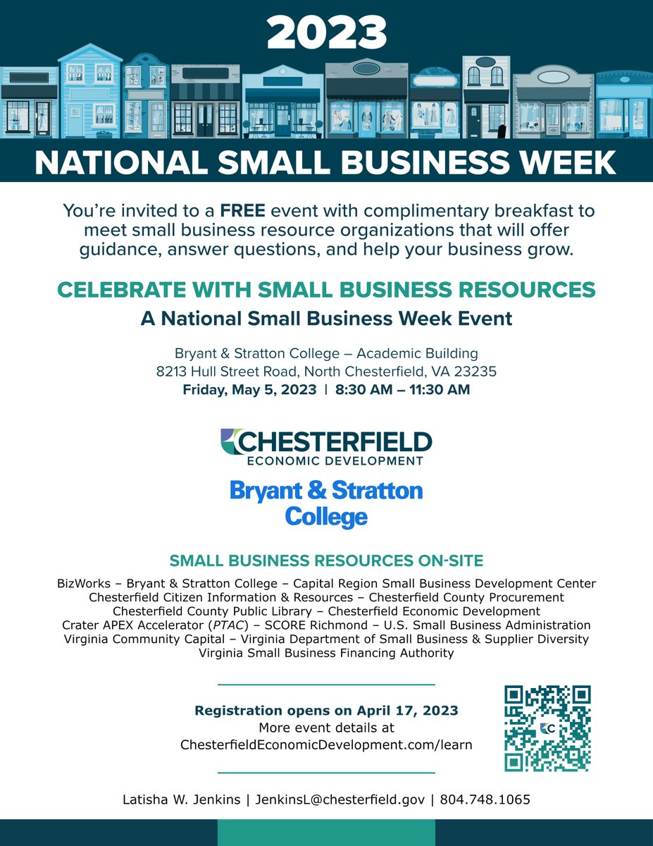 CVASmallBiz's tweet photo. Celebrate National Small Business Week on Friday, May 5, 2023! Join us at this FREE event for breakfast, networking, and connecting with small business resources. #smallbusiness #networking #nsbw #chesterfield https://t.co/St1S1ECtO1 https://t.co/acYHe9yLIa