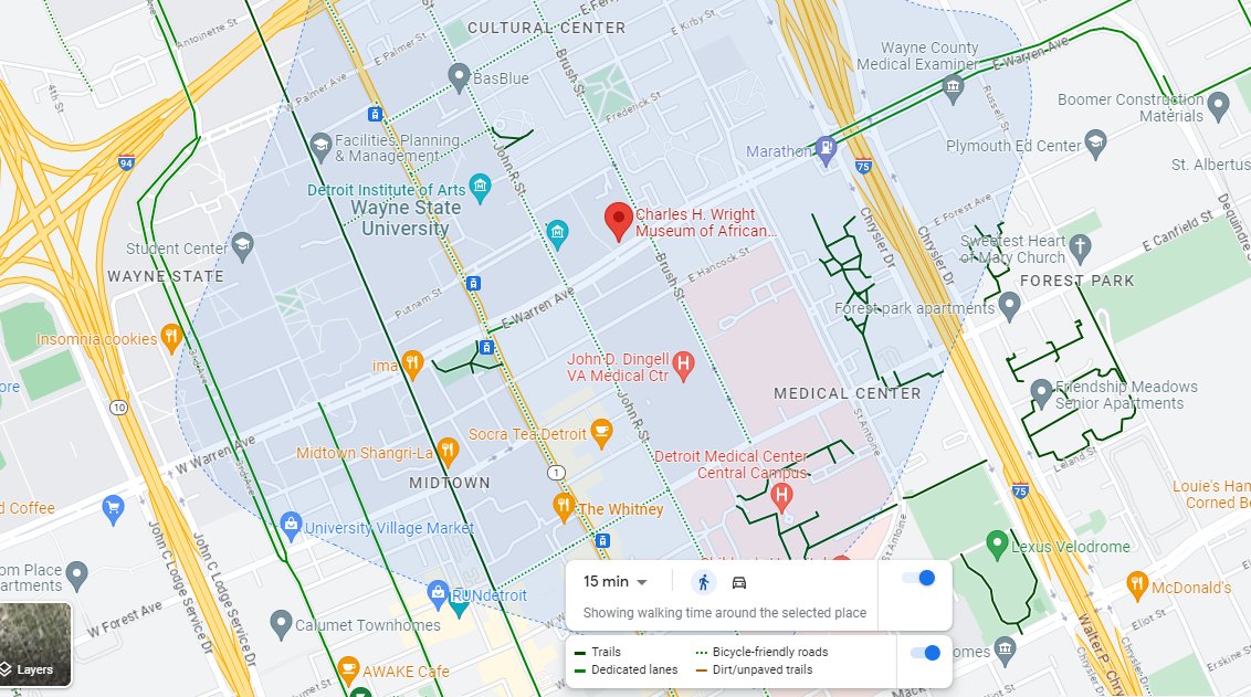 Interesting! <a href="/googlemaps/">Google Maps</a> can now show 15-minute walking areas in some parts of Detroit. Air quality can also be displayed. Click Layers->More.