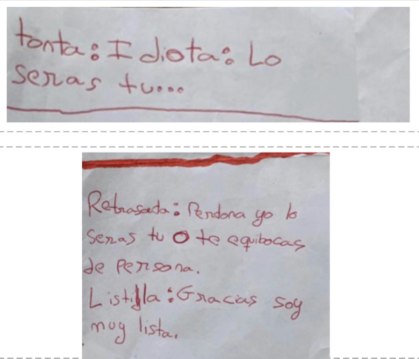 Esta nota se la hizo una amiga a Kira cuando iban a primaria para que pudiera defenderse de quienes se metían con ella llamándole tonta, idiota, retrasada, listilla... Detrás de los insultos la amiga escribía a Kira lo que les tenía que contestar para defenderse. Tener amigas…