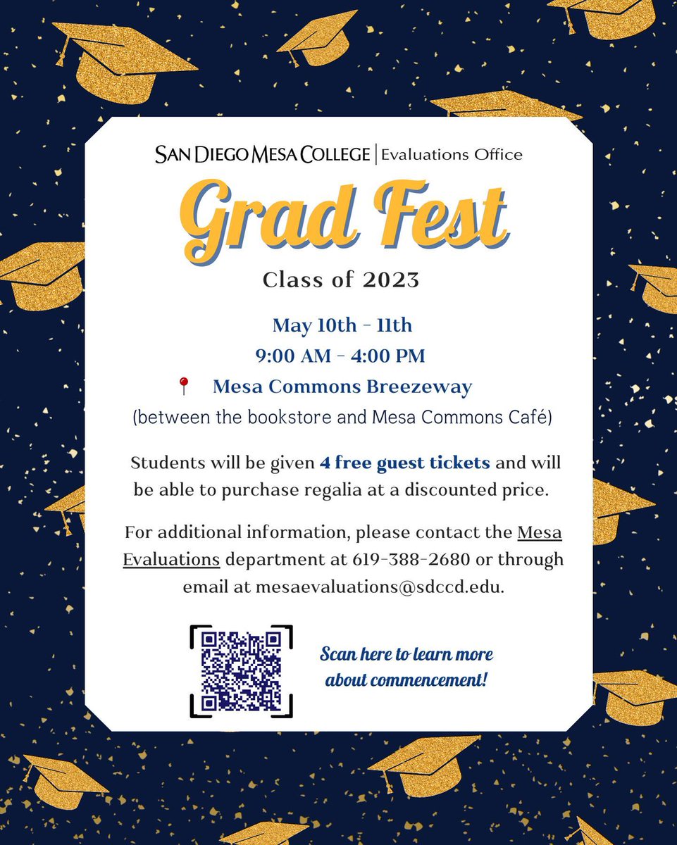 sdmesatce's tweet image. Grad Fest is COMING SOON class of 2023! Students who attend will be given 4 FREE guest tickets for the Ceremony and will be able to purchase regalia at a discounted price. See you there!