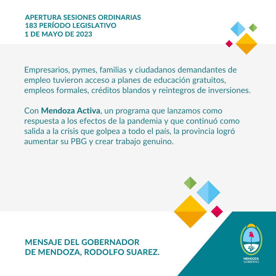 #Gestión #Mendoza 
Con #MendozaActiva trabajamos con más de 19 mil familias, pymes, empresas y comerciantes que recibieron sus reintegros y volvieron a inyectarlos en la economía regional #AsambleaLegislativa2023