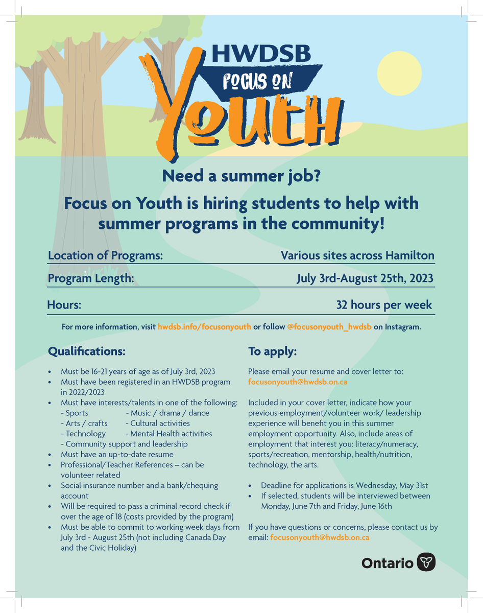 It's official! Focus on Youth applications are now open. 

FOY students get a summer job of their own by helping with other summer programs in the community ⛱️ 

Please share this news with HWDSB secondary students who might be interested!

Learn more: hwdsb.on.ca/blog/focus-on-…
