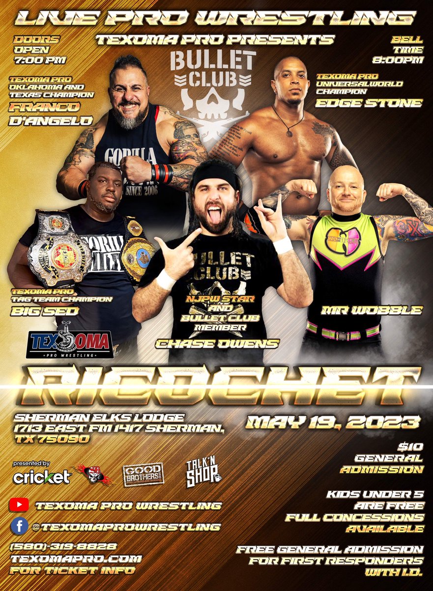 TexomaPro's tweet photo. 🚨ICYMI🚨
Texoma Pro Wrestling Presents: “Ricochet”
Fri, 5/19 • 8PM
Sherman Elks Lodge
#EdgeStone
@realchaseowens
#BigSed
@jaystong
@francodangelo
Ticket and information available at https://t.co/ofgA78S3lV https://t.co/sVJAz2gJxe