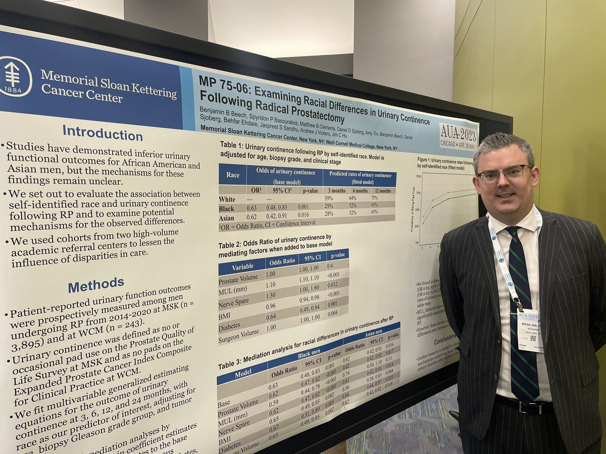 @BenBeech9 doing a great job presenting our work on race and patient reported continence after prostatectomy. Despite many factors tested in mediation analysis, were unable to identify a mechanism explaining the observed differences. @VickersBiostats @jimhumd