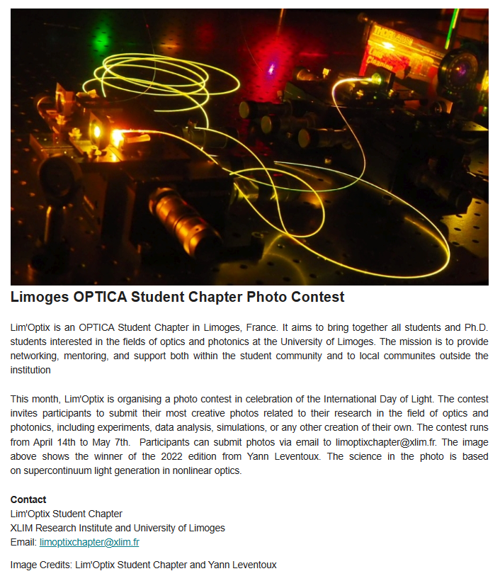 LimOptixChapter's tweet photo. In celebration of the @IDLofficial, our @OpticaWorldwide  student chapter invites you to participate in a photo contest by sending us your most creative pictures related to optics/photonics
The winner will get our trophy, and have their photo published on the #UNESCO #IDL website https://t.co/LSyg4Y4tEJ