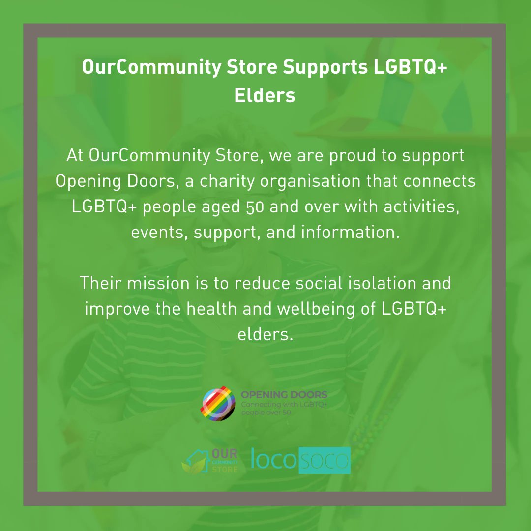 LocoSocoUK's tweet photo. Opening Doors connects LGBTQ+ people aged 50 and over with activities, events, support, and information.

Support their mission by shopping at "https://t.co/pliSkCFNkf"  

#OpeningDoors #LGBTQ+ #OurCommunityStore @OpeningDoorsUK https://t.co/J5zzg49eBi