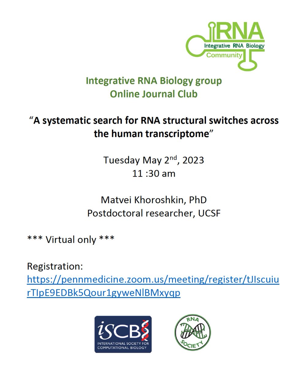 Mathieu Quesnel-Vallieres (@rna_ken) on Twitter photo RT @iRnaCosi@genomic.social
Reminder of our upcoming online journal club tomorrow, May 2 at 15:30GMT/11:30EDT/8:30PT.
We will be discussing RNA structural switches discovery with 1st author khorms57
Register: pennmedicine.zoom.us/meeting/regist…
RNASociety
iscb
genomic.social/@iRnaCosi/1102… RT @iRnaCosi@genomic.social
Reminder of our upcoming online journal club tomorrow, May 2 at 15:30GMT/11:30EDT/8:30PT.
We will be discussing RNA structural switches discovery with 1st author khorms57
Register: pennmedicine.zoom.us/meeting/regist…
RNASociety
iscb
genomic.social/@iRnaCosi/1102…