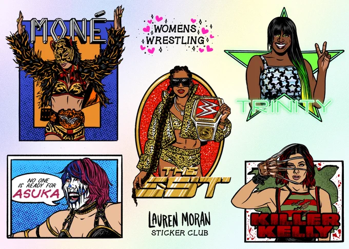 women's wrestling holographic sticker sheet ✨ wanted this to feel like the wrestling stickers you'd get from the 50¢ machines in the 90s!  featuring @MercedesVarnado @WWEAsuka @BiancaBelairWWE @TheTrinity_Fatu & @Kelly_WP