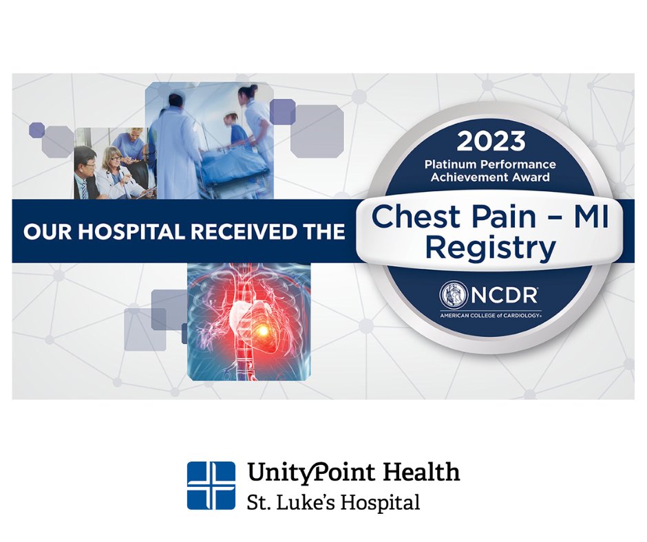 UnityPointCR's tweet photo. St. Luke’s received the @ACCinTouch American College of Cardiology’s NCDR Chest Pain  ̶  MI Registry Platinum Performance Achievement Award for 2023. St. Luke’s is one of only 262 hospitals nationwide &amp; the only Cedar Rapids hospital to receive the honor. https://t.co/uNFXpwo8ox