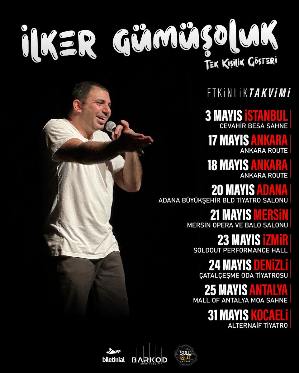 Mayıs takvimim… İlk oyun 3 Mayıs Çarşamba 20.00 ‘da Cevahir Sahne’de. Sonra sırasıyla Ankara, Adana, Mersin, İzmir, Denizli, Antalya ve Kocaeli. Görüşmek üzere. biletinial.com/tiyatro/ilkerg…