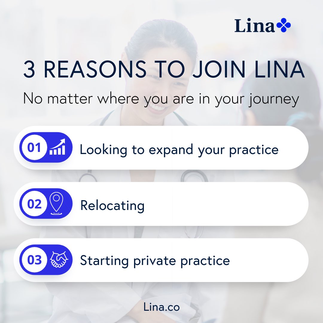 At Lina, we offer comprehensive support services and suites designed to help you focus on what matters most; your patients and practice.

No matter where you are in your private practice journey. We are here to support you. Contact us to book a tour today! #independentpractice