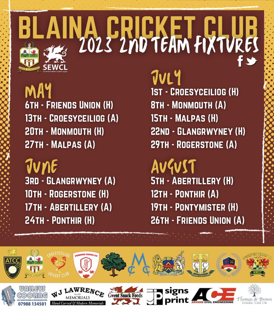 Blaina Cricket Club๐ (@blainacc) on Twitter photo ๐| 2ND TEAM FIXTURES
The 2nd XI will begin their league season at Central Park as they welcome Friends Union CC.
Good luck to our 2nd XI for the 2023 season!
<a href="/AbertilleryTCC/">Abertillery Town Cricket Club</a> <a href="/Croesycc/">Croesyceiliog CC ๐</a> <a href="/Glangrwyney_cc/">Glangrwyney CC ๐</a> <a href="/MalpasCricket/">Malpas Cricket Club</a> <a href="/MonmouthCC/">Monmouth CC</a> <a href="/PonthirCricket/">Ponthir Cricket Club</a> <a href="/Pontyandkeyscc/">Ponty & Keys CC</a> <a href="/RogerstoneWCC/">Rogerstone Welfare CC</a> ๐| 2ND TEAM FIXTURES
The 2nd XI will begin their league season at Central Park as they welcome Friends Union CC.
Good luck to our 2nd XI for the 2023 season!
<a href="/AbertilleryTCC/">Abertillery Town Cricket Club</a> <a href="/Croesycc/">Croesyceiliog CC ๐</a> <a href="/Glangrwyney_cc/">Glangrwyney CC ๐</a> <a href="/MalpasCricket/">Malpas Cricket Club</a> <a href="/MonmouthCC/">Monmouth CC</a> <a href="/PonthirCricket/">Ponthir Cricket Club</a> <a href="/Pontyandkeyscc/">Ponty & Keys CC</a> <a href="/RogerstoneWCC/">Rogerstone Welfare CC</a>