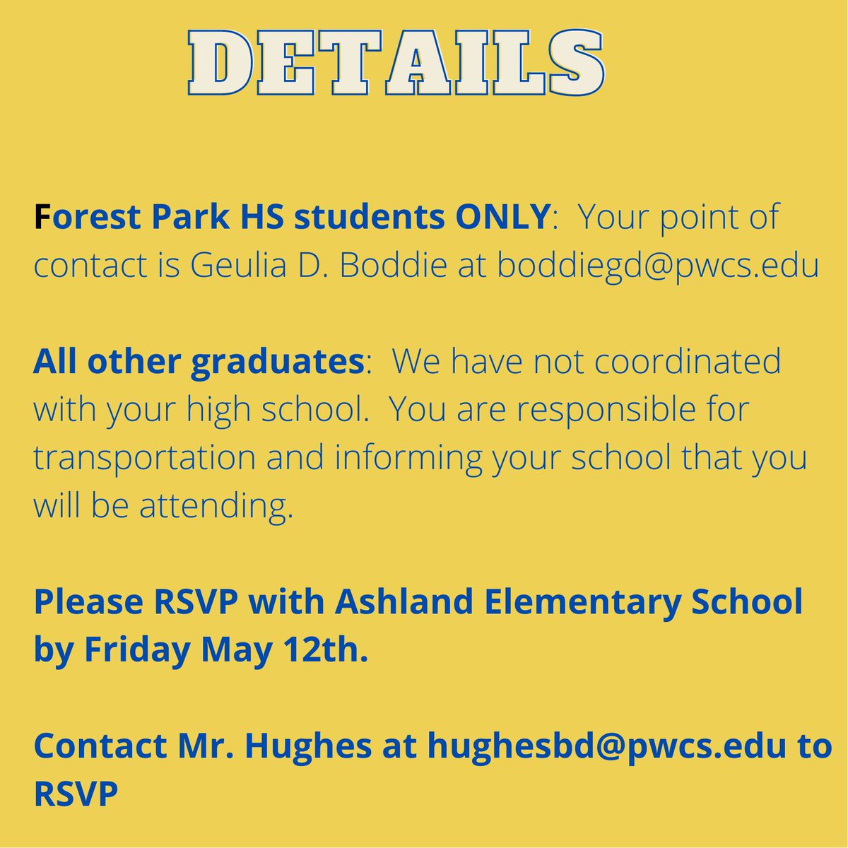 Hey <a href="/PWCSNews/">PWCS</a> Can you retweet this so all of our former Ashland families get this invite.  @AshlandSoar  will be having it's annual Graduation Walk on May 15th at 9:45 am.  If any of our former Falcons <a href="/colganhs/">Colgan High School</a> <a href="/stjpthegreat/">John Paul the Great</a>  are able to come contact us.  #AshlandSOAR