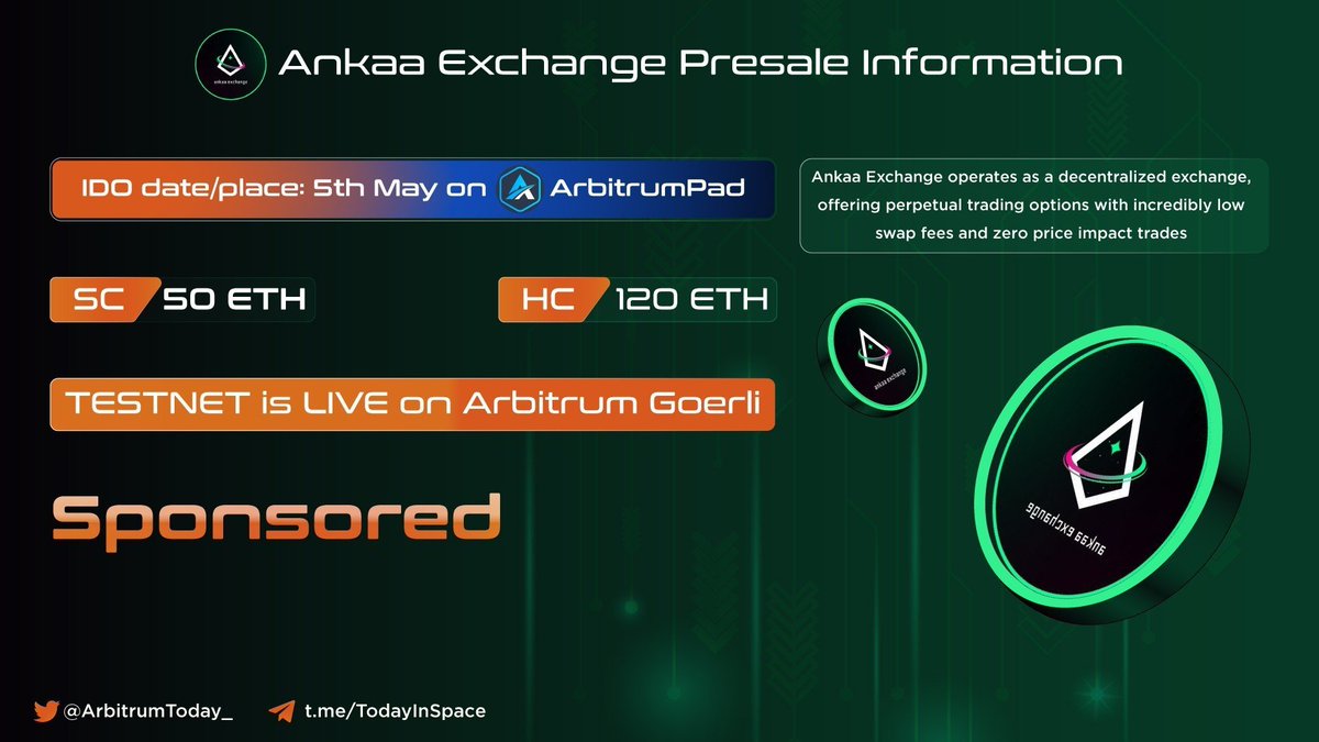 ArbitrumToday_'s tweet photo. 📢@AnkaaExchange Presale Information

👉Ankaa Exchange operates as a decentralized exchange, offering perpetual trading options with incredibly low swap fees and zero price impact trades

🗓️IDO date/place: 5th May on @Arbitrum_Pad

🔸Softcap 50 ETH
🔹Hardcap 120 ETH

🔆Testnet is LIVE on #Arbitrum Goerli

#Sponsored