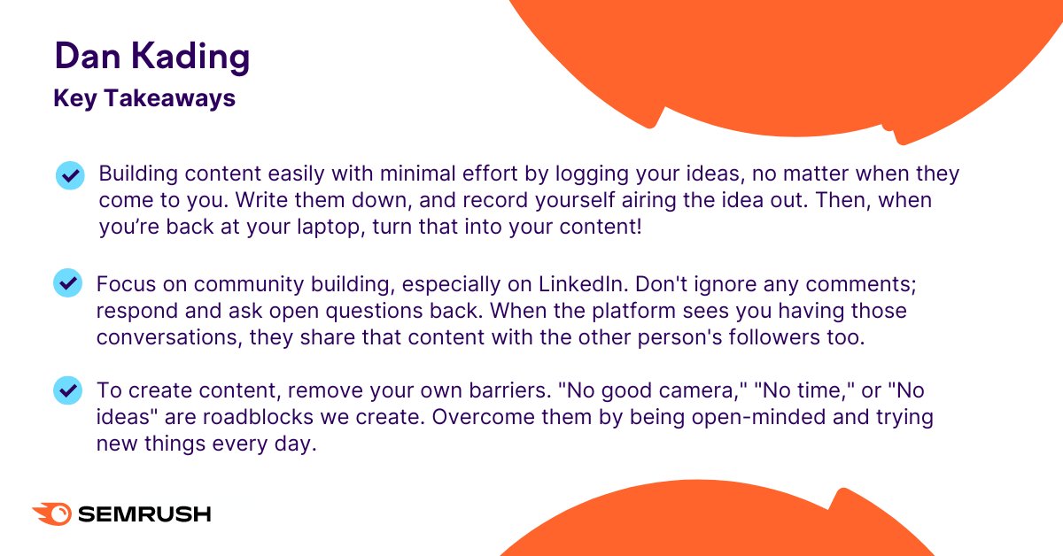 semrush's tweet photo. We learned SO much about content marketing; here are some key takeaways from @brandwithdan
#SemrushTwitterSpace https://t.co/jLAXe1PozJ