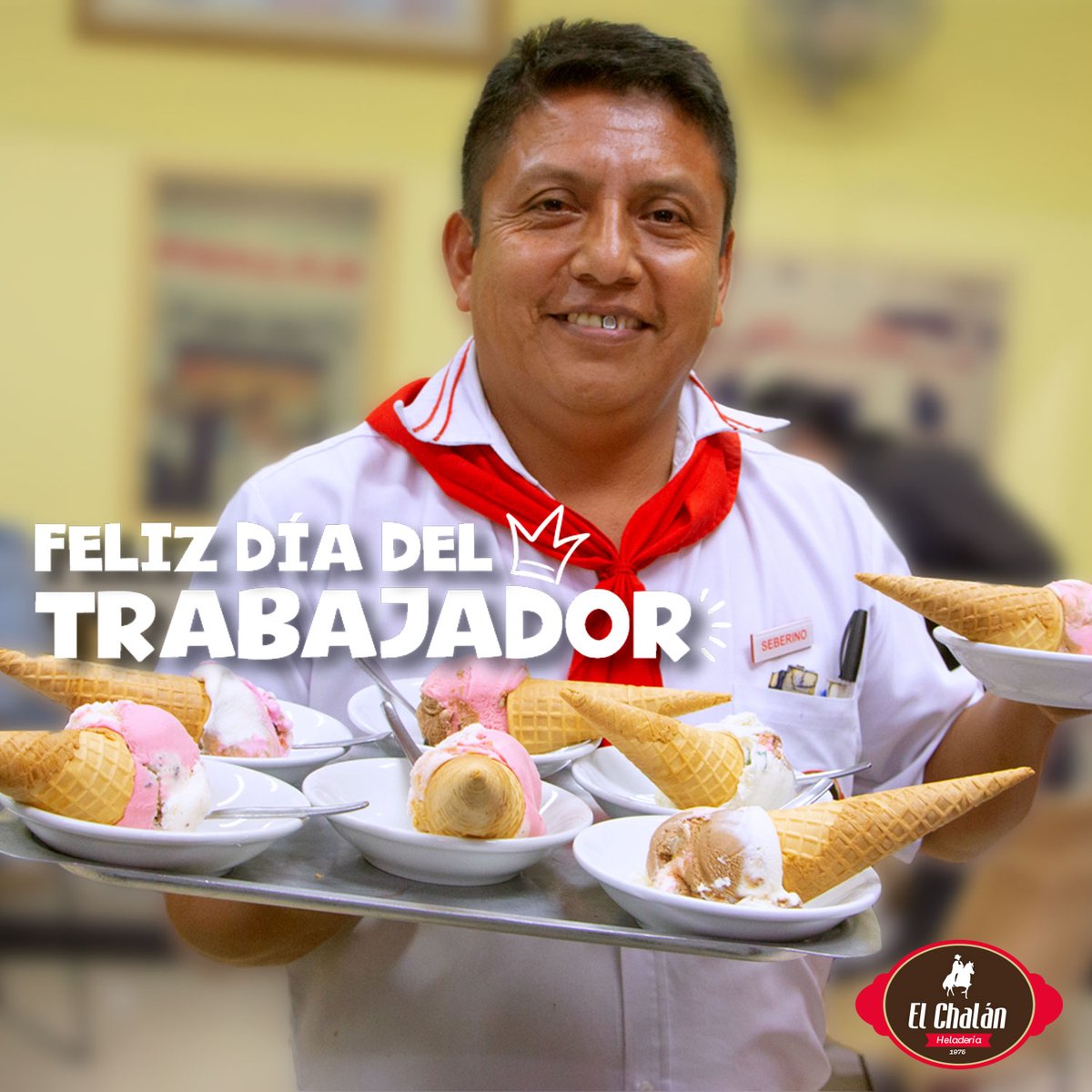 ChalanHeladeria's tweet photo. Gracias a cada uno de los colaboradores que forman parte de la familia de El Chalán, por mantener nuestra tradición siempre viva. Hoy celebramos su esfuerzo, dedicación y profesionalismo que entregan día a día. ¡Feliz día del trabajador! 😉✌ https://t.co/cF4I2ISunW
