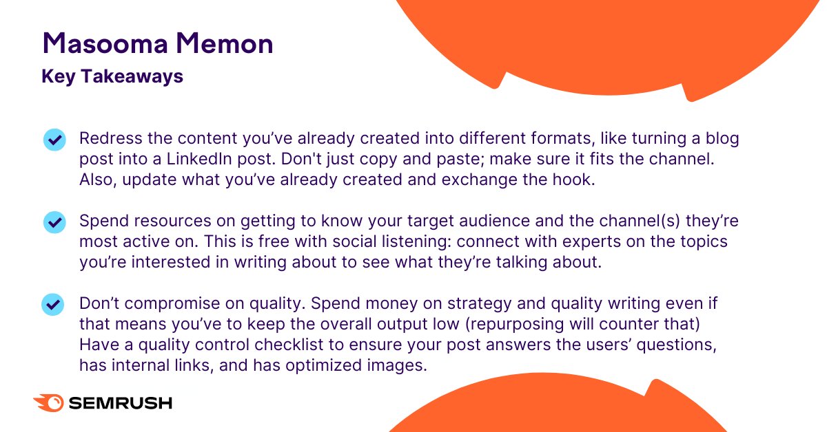 semrush's tweet photo. Our guest expert @inkandcopy had some really good points about how to create more content with less money โฌ๏ธ #SemrushTwitterSpace https://t.co/KaaEFU7cwW