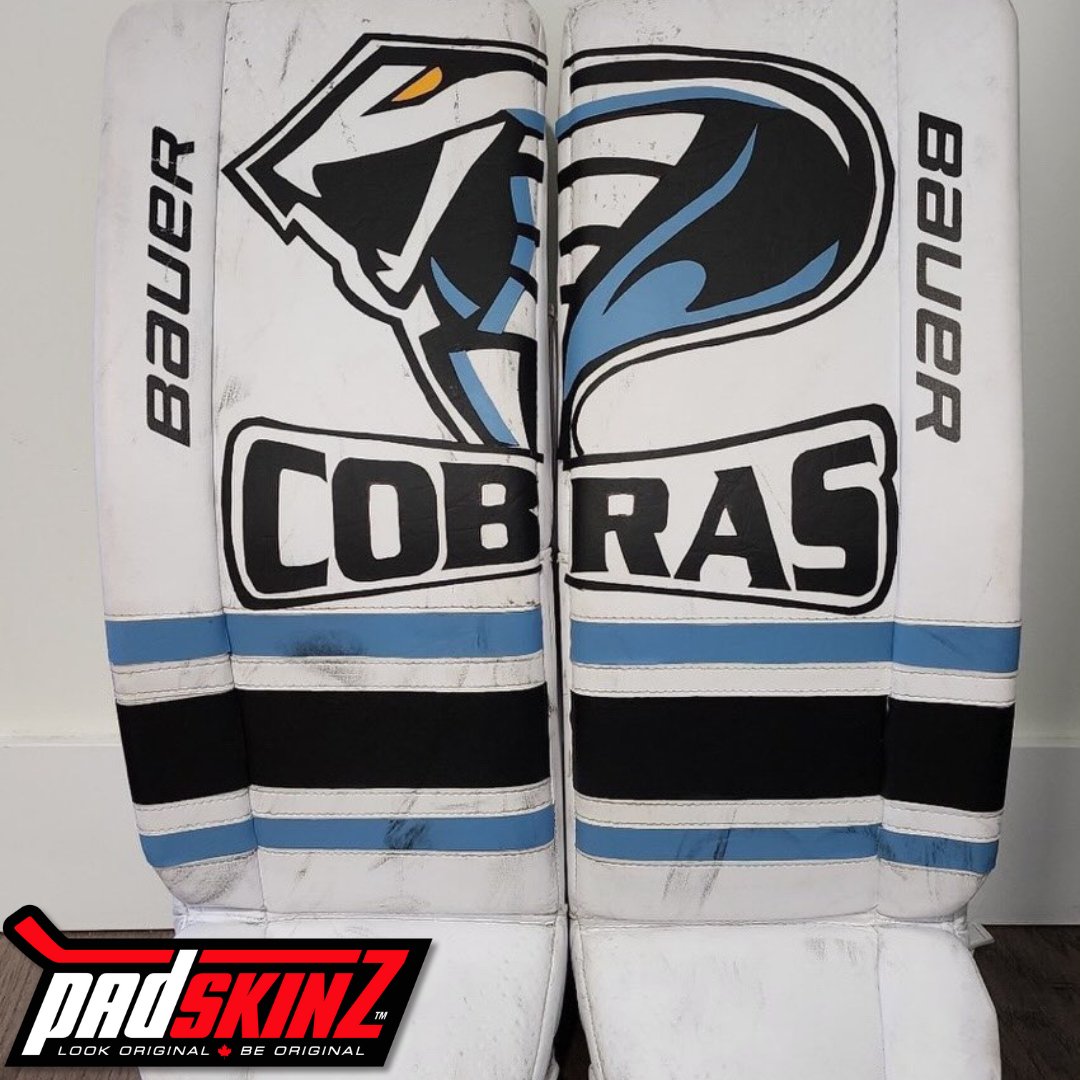 A hand cut #PadSkinz Cobra with black and powder blue stripes.
#hockey #goaliegear #hockeygear