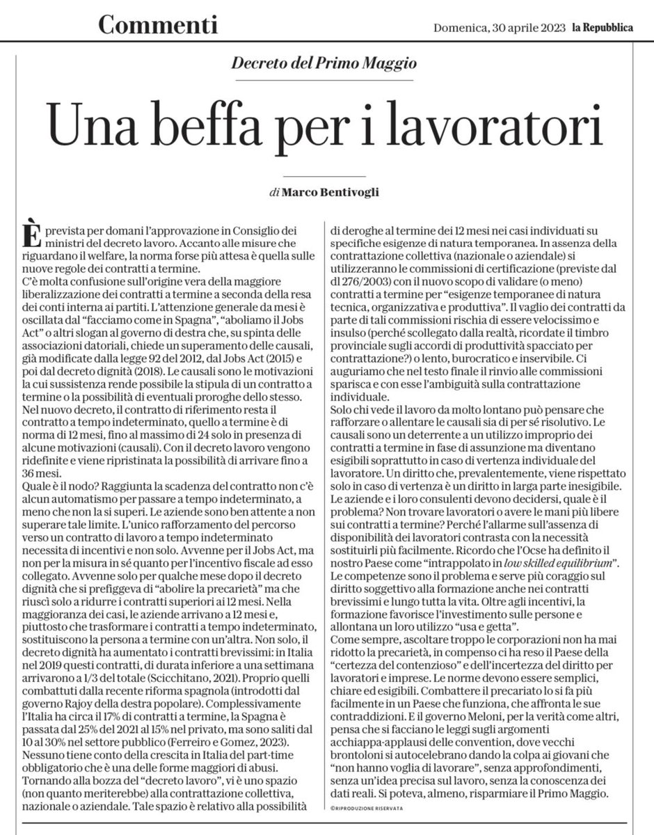 baseitaliaweb's tweet photo. UNA BEFFA PER I LAVORATORI
di Marco #Bentivogli su La Repubblica di ieri
Le nuove regole dei *contratti a termine* contenute nel decreto lavoro.
Buon #1maggio2023! 🌹
Per ricevere la nostra rassegna stampa iscriviti a #baseitalia ➡️ https://t.co/A1vw8kxtnW https://t.co/QlafO1BcWt