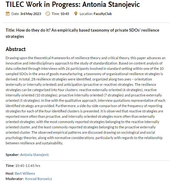 TILEC1's tweet photo. Don't forget to join #upcoming #WorkInProgress by Antonia Stanojevic (@REVEAL_TILEC, @TilburgU_TILT) on 'How do they do it? An empirically based taxonomy of private SDOs’ resilience strategies'.
📜:https://t.co/SjRq3H6xKJ
#Standards #AcademicTwitter #AcademicChatter https://t.co/ss5tqOGv21
