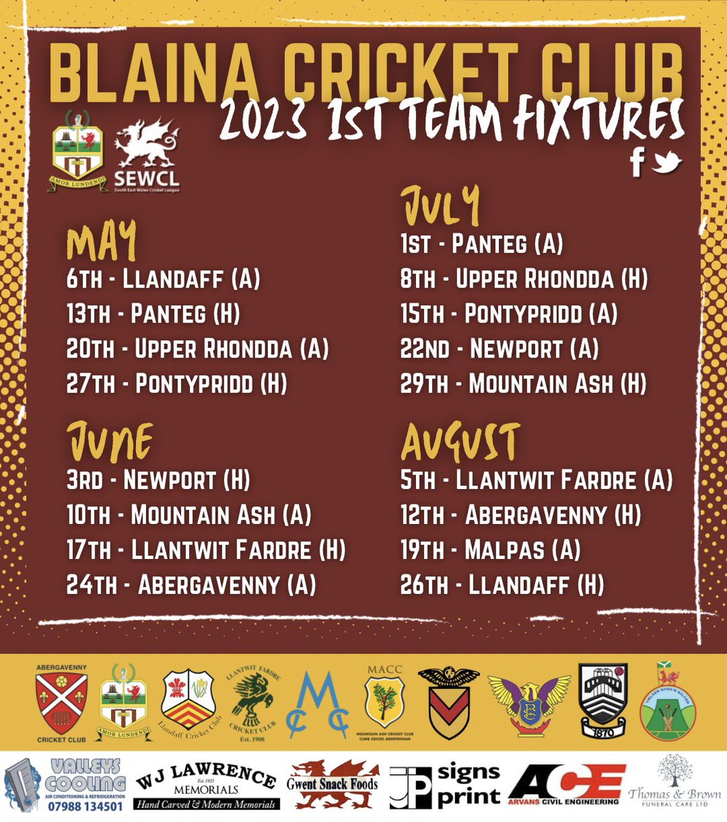 Blaina Cricket Club๐ (@blainacc) on Twitter photo ๐| 1ST TEAM FIXTURES
The 1st XI will begin their league season on the road away to Llandaff CC.
Good luck to our 1st XI for the 2023 season!
<a href="/AbergavennyCC/">AbergavennyCC ๐๐๐</a> <a href="/LlandaffCC/">Llandaff Cricket Club ๐</a> <a href="/FardreCC/">Llantwit Fardre Cricket Club</a> <a href="/MalpasCricket/">Malpas Cricket Club</a> <a href="/mountainashcc/">Mountain Ash Cricket</a> <a href="/NewportCricketC/">Newport Cricket Club</a> <a href="/pantegcricket/">Panteg Cricket Club</a> <a href="/PontypriddCC/">PontypriddCC</a> <a href="/upper_rhonddacc/">Upper Rhondda Cricket Club</a> ๐| 1ST TEAM FIXTURES
The 1st XI will begin their league season on the road away to Llandaff CC.
Good luck to our 1st XI for the 2023 season!
<a href="/AbergavennyCC/">AbergavennyCC ๐๐๐</a> <a href="/LlandaffCC/">Llandaff Cricket Club ๐</a> <a href="/FardreCC/">Llantwit Fardre Cricket Club</a> <a href="/MalpasCricket/">Malpas Cricket Club</a> <a href="/mountainashcc/">Mountain Ash Cricket</a> <a href="/NewportCricketC/">Newport Cricket Club</a> <a href="/pantegcricket/">Panteg Cricket Club</a> <a href="/PontypriddCC/">PontypriddCC</a> <a href="/upper_rhonddacc/">Upper Rhondda Cricket Club</a>