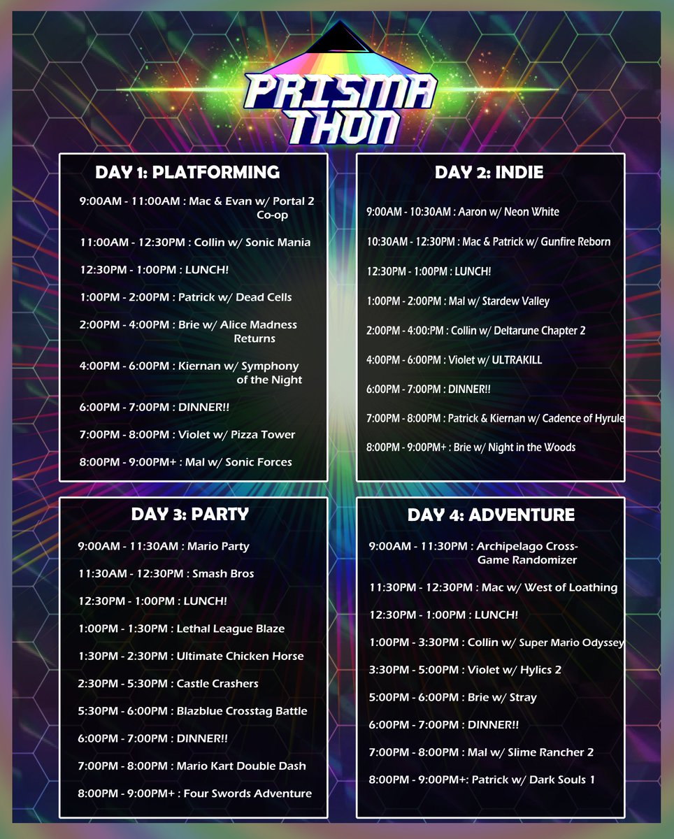 Hey everyone, sorry for the delay. Here is the schedule for this year's event. We will see you guys then!