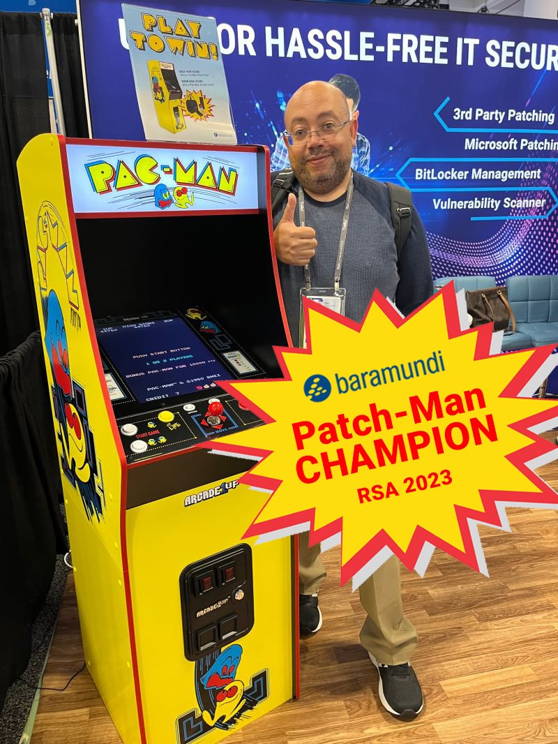 baramundiWORLD's tweet image. It's official: The #RSAC2023 #baramundi #PatchMan champion with a score of 44,760 is Kenneth West! He wins a full-size Pac-Man home arcade game! Congrats Kenneth! 🏆 📷 📷 Thanks to all who stopped by the booth to learn about our #UEM #automation solutions and played!