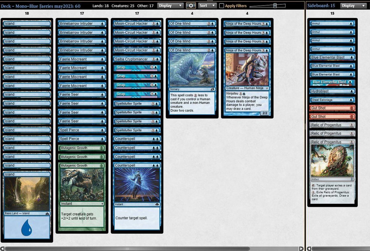 I forgot to mention I top16 yesterday pauper challenge with mono U faes. I think I misplayed one game I lost. 

Thanks to <a href="/_Cristorisorto_/">Nicolò Garino</a> + <a href="/marcodegiorgi17/">tarmogoyf_ita</a> 's patreon! Was very helpful to understand better mus and sideboarding portion. 

I will explore a bit more the deck!