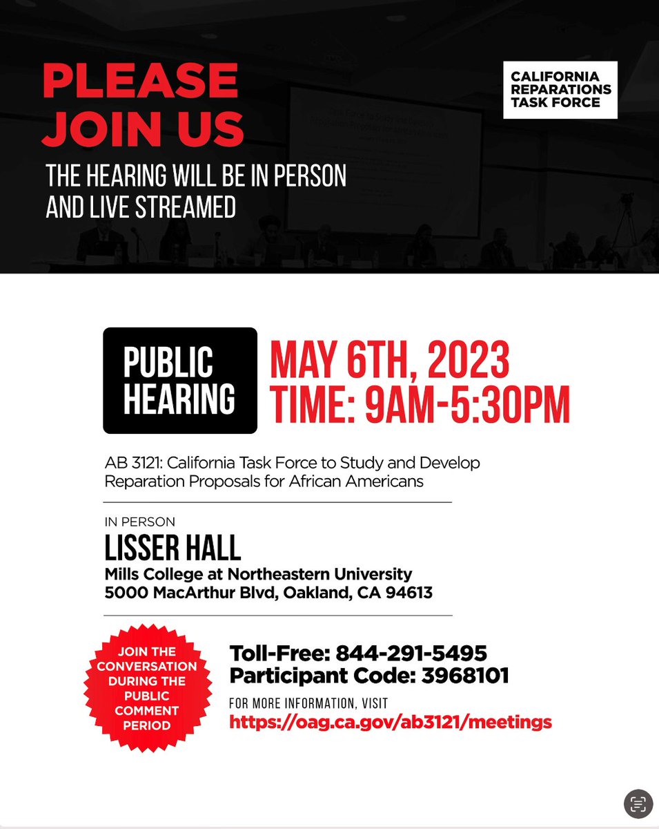 This Thursday 5/6, tune in to the public hearing of the California Reparations Task Force! The hearing will be in-person in Oakland and live-streamed.

Learn more about the task force here: oag.ca.gov/ab3121 #reparations #reparationstaskforce