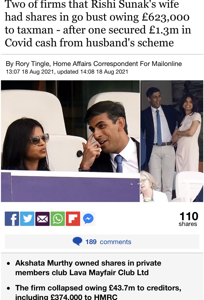 Starmer asking..
Sunak's wife
- multiple comps have gone bust owing HMRC
-non dom tax status still 'owing' HMRC £20m
-Digme Fitness. Director. Went bust. HMRC £421,000 umpaid. Assets sold back to same people (not her) for just £50k
-gov contracts
Sunak now under investigation