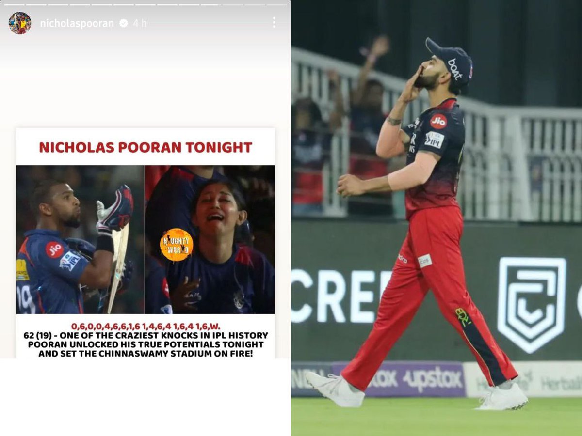 BluntIndianGal's tweet photo. Remember when RCB lost to LSG last time at Chinnaswamy how Nicholas Pooran celebrated sharing RCB fan girl pic on Instagram story. Now RCB gave back LSG at their homeground filled with 90% of RCB fans. This is some revenge 💉 https://t.co/4cZlW00W5b
