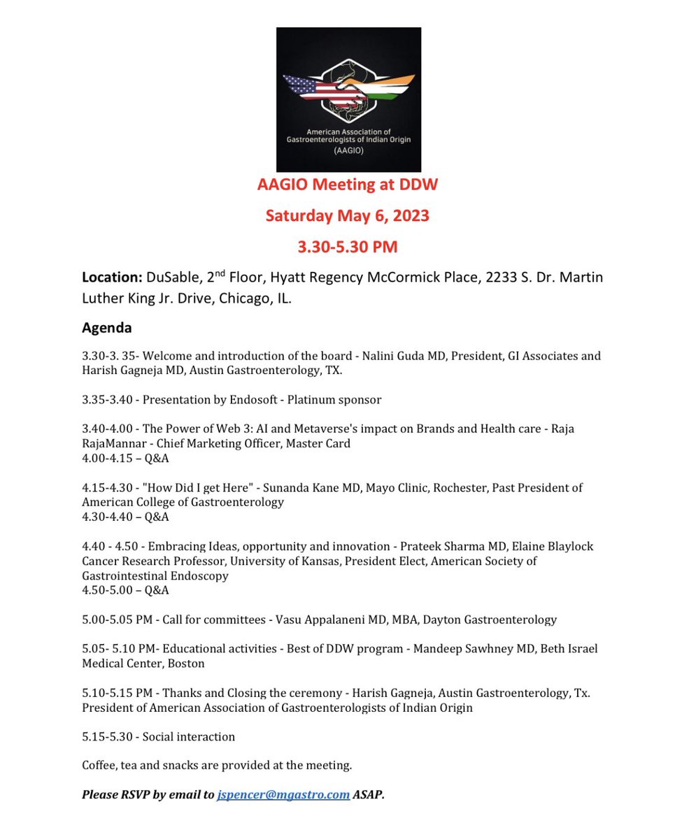 SAVE THE DATE

Annual AAGIO 🇮🇳 🇺🇸 Meet-up at #DDW23 is this Saturday at Hyatt Regency right next to the convention center!

We have an all 🌟 speaker line-up this year! 

Then event is hosted by <a href="/AAGIO2/">AAGIO</a> and everyone is invited! Details below 👇