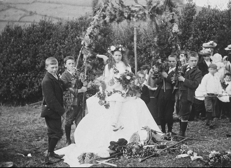 Mayday, 1906. The May Queen, Olive Chudley, was the second May Queen at Lustleigh (started in 1905)