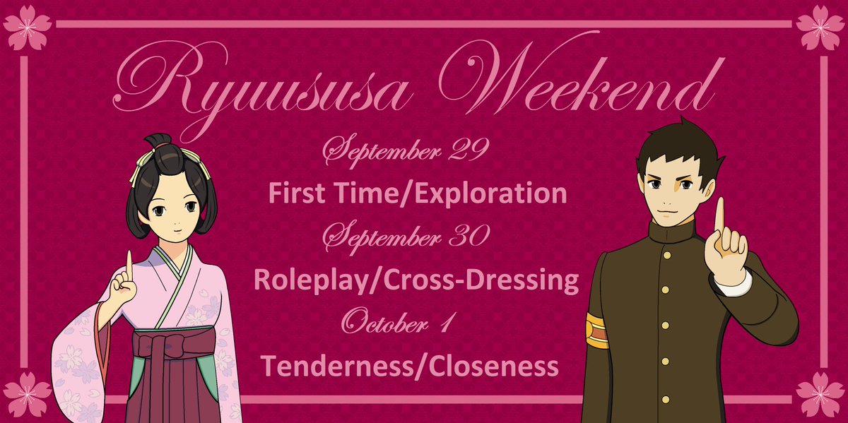ryuususa_day's tweet photo. And here are the 18+ prompts! 
Sept 29th- First Time/Exploration
Sept 30th- Roleplay/Cross-Dressing
Oct 1st- Tenderness/Closeness https://t.co/NFfi6unB0C