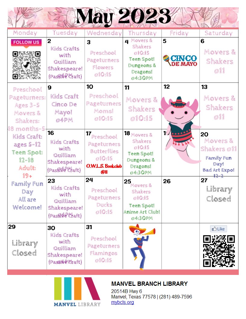 ManvelLibrary's tweet photo. School is winding down, but the library is always open! There's plenty of things to do this month before Summer Reading starts, so stop in and see what's new at Manvel!
#bclstx #manvellibrary #librariesrock #reading #read #libraries #bclstx https://t.co/gkEGwzbUe7 https://t.co/DSheuXvy7y