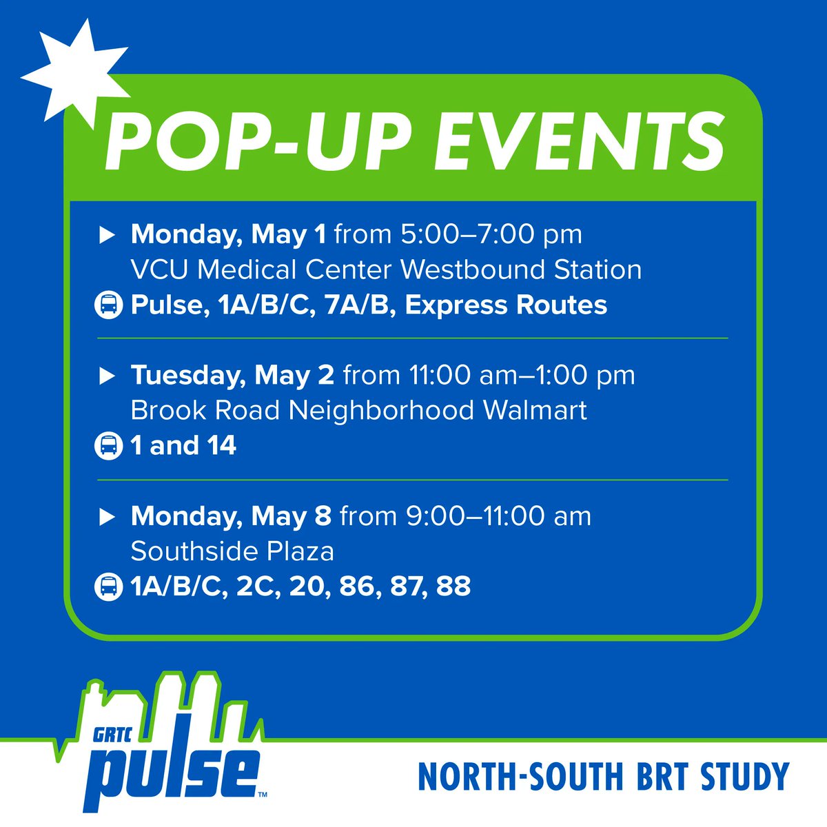 🚍 Hop on board the North-South BRT Study! Join GRTC and @PlanRVA for a series of pop-up events over the next week as we gather feedback and insights from you. Don't miss out on the chance to shape the future of public transit!