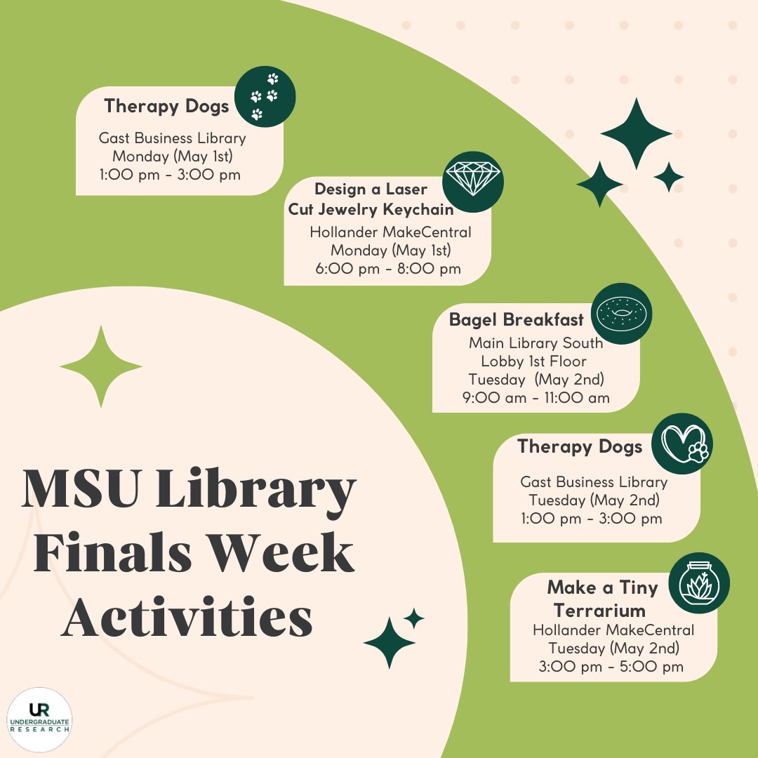 Good luck on finals Spartans 📚 MSU Libraries have some fun activities the next two days so make sure to stop by to de-stress. You got this! 
 #msu #finals