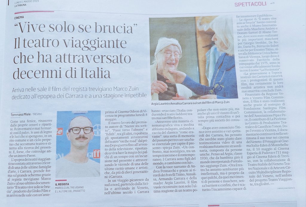 C'è stato un tempo in cui il teatro andava a cercare il suo pubblico: il film "Il teatro vive solo se brucia" (Italia 2022, 60'), prodotto da Ginko Film regia di Marco Zuin, arriva in sala.
Anteprima l'8 maggio a Vicenza. Oggi si <a href="/mattinodipadova/">il mattino di Padova</a> <a href="/nuova_venezia/">laNuovaVeneziaMestre</a> <a href="/tribuna_treviso/">tribuna di Treviso</a>