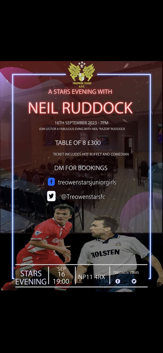 Treowenstarsfc's tweet photo. Tickets flying out the door already for our evening with @RealRazor 
DM for a table 🤩 https://t.co/QuigWlkQaM