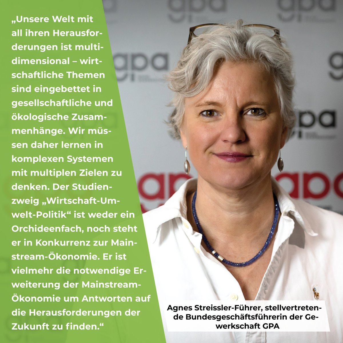 wu_wupol's tweet photo. WUPOL ist laut Agnes Streissler-Führer von der @GewerkschaftGPA eine notwendige Erweiterung der Mainstream-Ökonomie!
#Wirtschaft #Umwelt #Politik #wuwien #economy #gewerkschaft #gpa https://t.co/sCMP5JP2z9