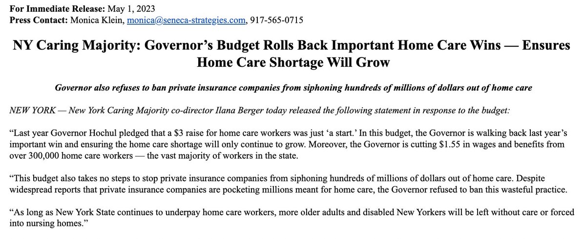 Governor @GovKathyHochul‘s budget rolls back important home care wins and ensures the home care shortage will grow.

Our statement on the budget. Full text in thread.