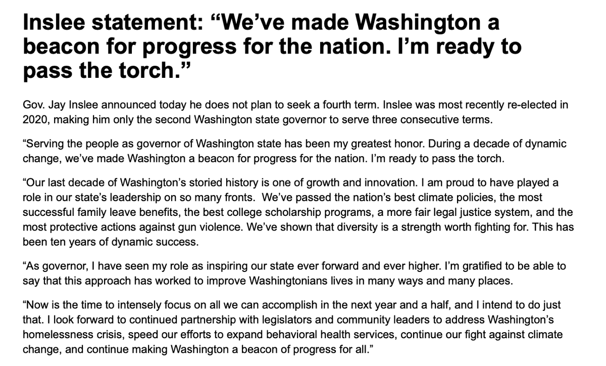 TheStranger's tweet photo. INBOX: As expected, Inslee says he won't seek a fourth term, a move that will make room for a lot of moving and shaking in WA politics. #waleg https://t.co/7m24KYbVbB