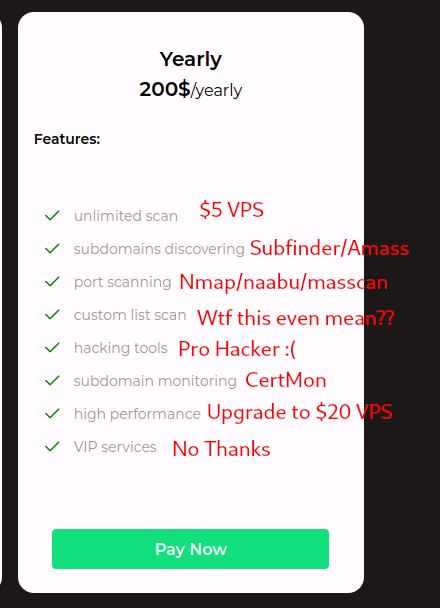 rynosec's tweet image. 🚨Attention Hunters !!🚨

Typical BugBounty Automation SaaS $200/year 🤡🤡

Don&apos;t fall for this kind of BS, each one of them are basically running Open Source tools behind the scenes   :)

#bugbounty #bugbountytips #cybersecurity
