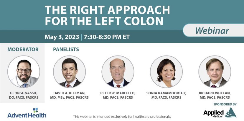 Not too late to register! Join the experts this week for <a href="/AdventHealthMD/">AdventHealthMD</a>’s webinar, The Right Approach for the Left Colon, as they discuss their various techniques for challenging #colectomies. <a href="/AdventHealthCFL/">AdventHealth Central Florida</a> 

tinyurl.com/yrkhhvhh