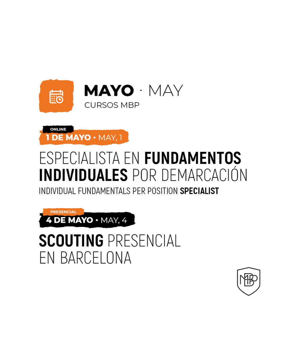 MBPSchool's tweet photo. ❗️CURSOS MBP MAYO ❗️Online 💻 y presencial en Barcelona 🧑🏽🏫
Encuentra toda la información en nuestra web📲 https://t.co/Q4ohxmqcze
#MBP #IAmMBP #MBPAlumni #Futbol #MBPFamily #futbolformativo #mayo #football #soccer https://t.co/dAmuUBTO5F