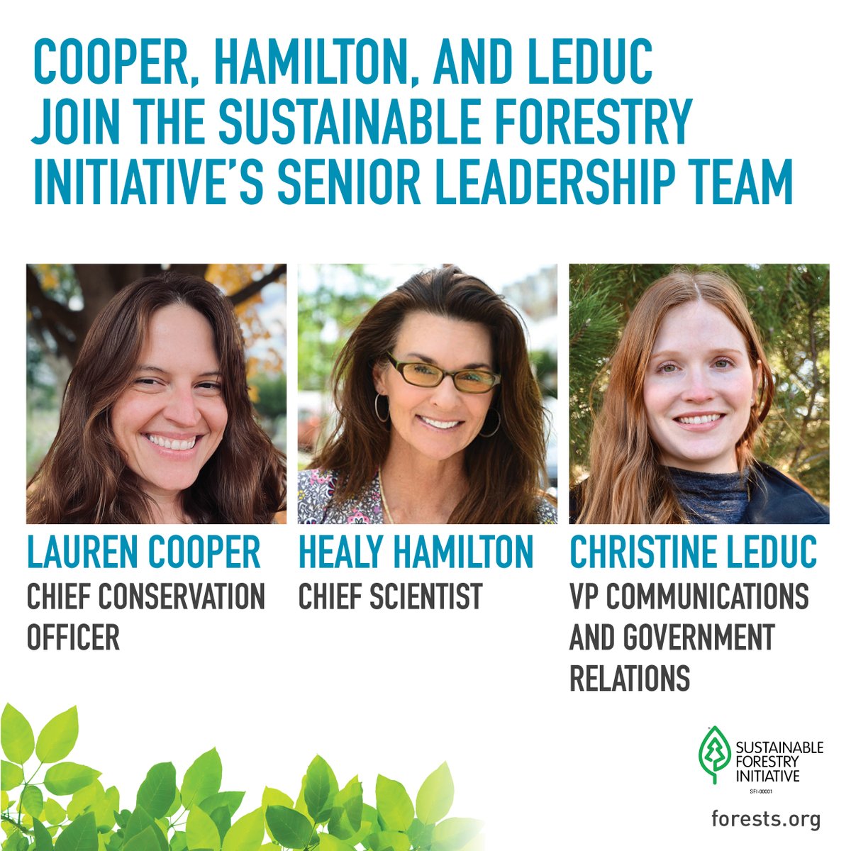 “I’m proud to welcome Lauren, Healy, and Christine to this evolving team with diverse talents during an exciting time for #SFI. This addition will amplify and scale SFI’s sustainability contributions with Lauren overseeing the Conservation Pillar, including impact work and