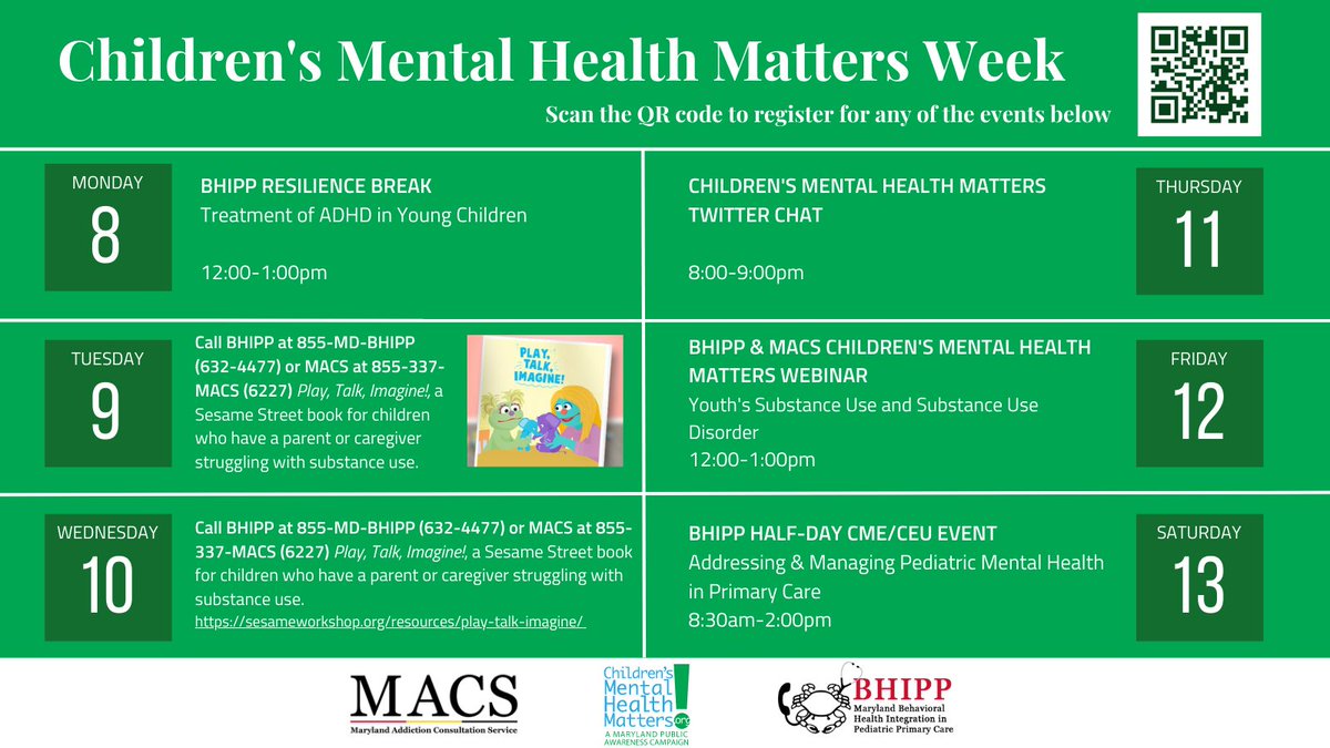 MDBHIPP's tweet photo. BHIPP is proud to be a campaign partner for Children's Mental Health Matters week: May 7-13th! Join us as we celebrate #CMHM week and spread awareness about children's mental health. Register for any of the events here: https://t.co/hGLDVUQdmN #CMHM @Maryland_MACS @ChildrensMHM https://t.co/pSY014lEdi