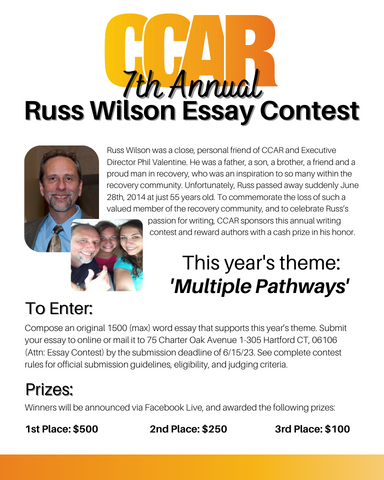 CCAR4Recovery's tweet image. Now announcing our 7th Annual Russ Wilson Essay Contest - with cash prizes 🤩👏

The contest begins today, 5/1/23, and ends on 6/15/23 and this year&apos;s theme is &apos;Multiple Pathways&apos; - get writing ✍️ 🙌

For more info: ccar.us/events/russ-wi…

#essaycontest #multiplepathways