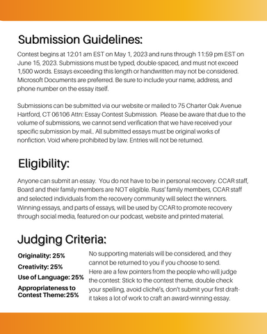 CCAR4Recovery's tweet image. Now announcing our 7th Annual Russ Wilson Essay Contest - with cash prizes 🤩👏

The contest begins today, 5/1/23, and ends on 6/15/23 and this year&apos;s theme is &apos;Multiple Pathways&apos; - get writing ✍️ 🙌

For more info: ccar.us/events/russ-wi…

#essaycontest #multiplepathways